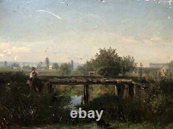 Translation: 'Old Signed Painting, Young Fisherman in Saint Gratien, Oil on Cardboard, 19th Century'