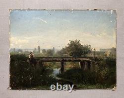 Translation: 'Old Signed Painting, Young Fisherman in Saint Gratien, Oil on Cardboard, 19th Century'