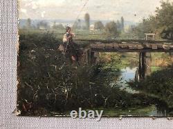 Translation: 'Old Signed Painting, Young Fisherman in Saint Gratien, Oil on Cardboard, 19th Century'