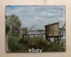 Translation: 'Old Signed Tableau, Carrelets, Fishing Huts, Oil on Panel, 20th Century'