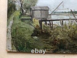 Translation: 'Old Signed Tableau, Carrelets, Fishing Huts, Oil on Panel, 20th Century'