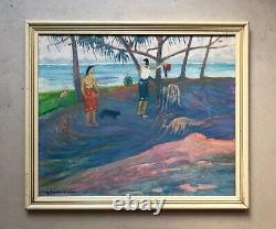 Translation: Old Signed Tableau, Polynesian Scene, Beach, Oil on Canvas, Painting, 20th Century