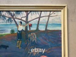 Translation: Old Signed Tableau, Polynesian Scene, Beach, Oil on Canvas, Painting, 20th Century
