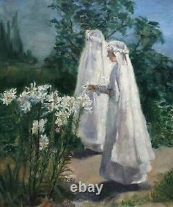 Translation: Old Table, Communicants, Oil on Canvas, Monogram FC, Early 20th Century Painting