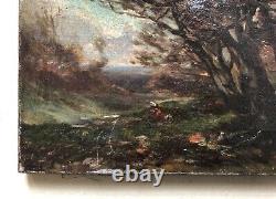 Translation: Old Tableau, Animated Landscape, Barbizon School, Oil on Canvas, 19th Century