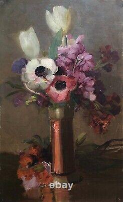 Translation: Old Tableau, Bouquet of Anemones, Oil on Paper, Painting, Early 20th Century