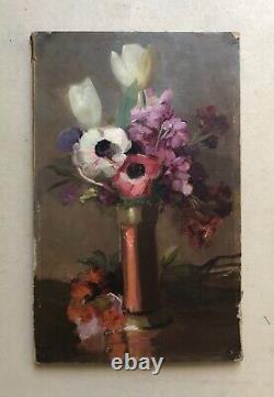 Translation: Old Tableau, Bouquet of Anemones, Oil on Paper, Painting, Early 20th Century