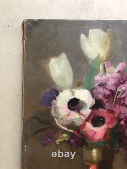 Translation: Old Tableau, Bouquet of Anemones, Oil on Paper, Painting, Early 20th Century