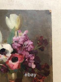 Translation: Old Tableau, Bouquet of Anemones, Oil on Paper, Painting, Early 20th Century