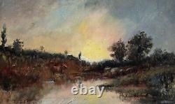 Translation: 'Old Tableau, Cow in a Twilight Landscape, Oil on Panel, Late 19th Century'