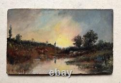 Translation: 'Old Tableau, Cow in a Twilight Landscape, Oil on Panel, Late 19th Century'