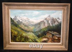 Translation: 'Old oil painting of mountain landscape in Contamines Haute Savoie signed XXth century'
