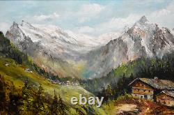 Translation: 'Old oil painting of mountain landscape in Contamines Haute Savoie signed XXth century'