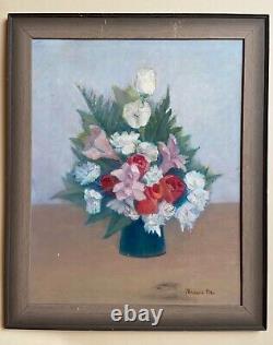 Translation: 'Old oil painting on cardboard signed NICA, flower bouquet, Romanian female artist'
