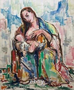 Translation: Signed Ancient Tableau, Woman Breastfeeding her Child, Oil on Canvas, Painting, 20th Century