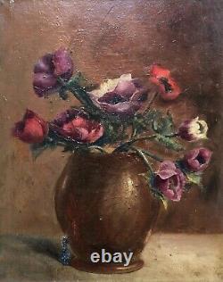 Translation: 'Signed Antique Tableau, Bouquet of Anemones, Oil on Canvas, Painting, Early 20th Century'