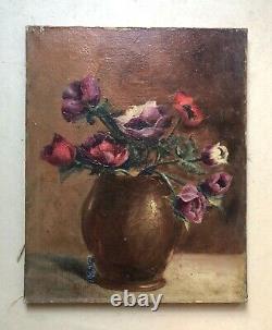 Translation: 'Signed Antique Tableau, Bouquet of Anemones, Oil on Canvas, Painting, Early 20th Century'