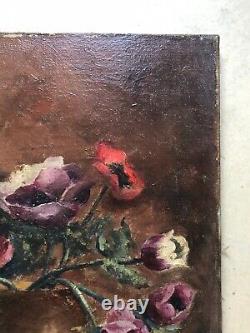 Translation: 'Signed Antique Tableau, Bouquet of Anemones, Oil on Canvas, Painting, Early 20th Century'