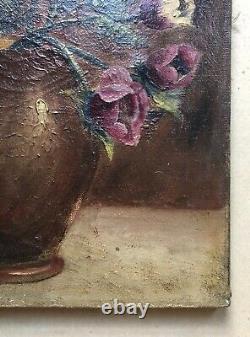Translation: 'Signed Antique Tableau, Bouquet of Anemones, Oil on Canvas, Painting, Early 20th Century'