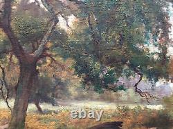 Tree and Meadow Old oil painting on wood, signed