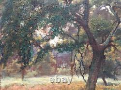 Tree and Meadow Old oil painting on wood, signed