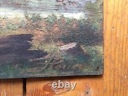 Tree and Meadow Old oil painting on wood, signed