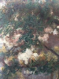 Tree and Meadow Old oil painting on wood, signed