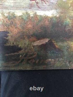 Tree and Meadow Old oil painting on wood, signed