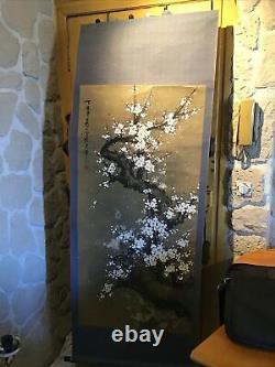 Vertical Roll Kakemono Ancient Japan Oil On Cherry Paper In Flowers Signed