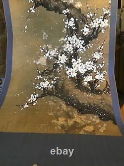 Vertical Roll Kakemono Ancient Japan Oil On Cherry Paper In Flowers Signed