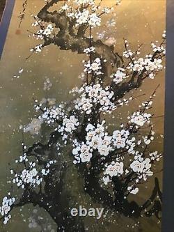 Vertical Roll Kakemono Ancient Japan Oil On Cherry Paper In Flowers Signed