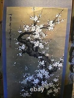 Vertical Roll Kakemono Ancient Japan Oil On Cherry Paper In Flowers Signed