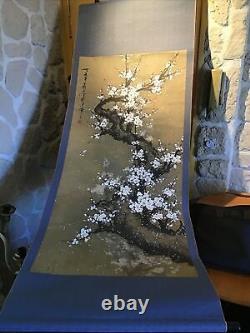 Vertical Roll Kakemono Ancient Japan Oil On Cherry Paper In Flowers Signed