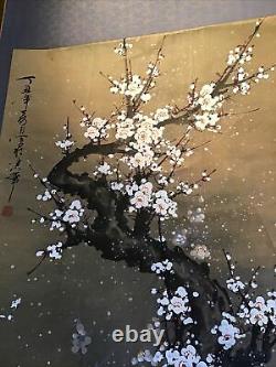 Vertical Roll Kakemono Ancient Japan Oil On Cherry Paper In Flowers Signed