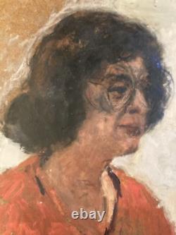 Very Beautiful Oil Painting on Wood Panel, Portrait of a Woman, 1950, Glasses, Antique