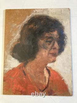 Very Beautiful Oil Painting on Wood Panel, Portrait of a Woman, 1950, Glasses, Antique