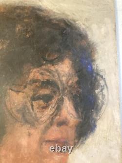 Very Beautiful Oil Painting on Wood Panel, Portrait of a Woman, 1950, Glasses, Antique