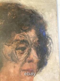 Very Beautiful Oil Painting on Wood Panel Woman Portrait 1950 Vintage Glasses