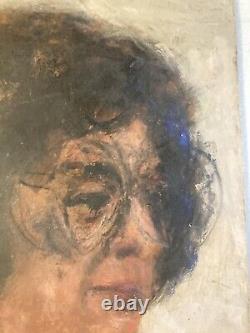 Very Beautiful Oil Painting on Wooden Panel Woman Portrait 1950 Antique Glasses