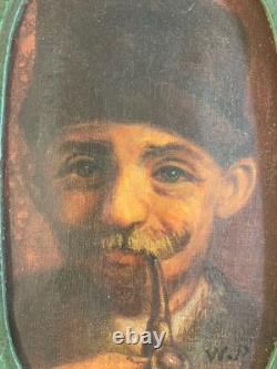 Very Beautiful Painting 1920 Oil on Canvas Portrait Man Pipe Antique Art Nouveau