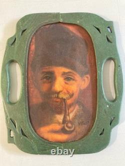 Very Beautiful Painting 1920 Oil on Canvas Portrait Man Pipe Antique Art Nouveau