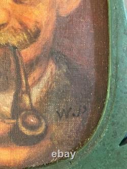 Very Beautiful Painting 1920 Oil on Canvas Portrait Man Pipe Antique Art Nouveau