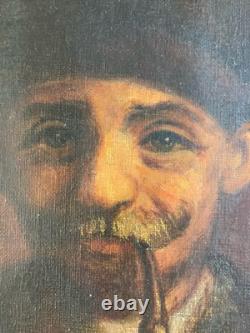 Very Beautiful Painting 1920 Oil on Canvas Portrait Man Pipe Antique Art Nouveau