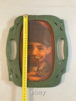 Very Beautiful Painting 1920 Oil on Canvas Portrait Man Pipe Antique Art Nouveau