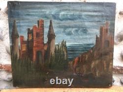 Very Beautiful Painting Castle Oil on Canvas 18th Century Medieval Seascape Antique