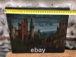 Very Beautiful Painting Castle Oil on Canvas 18th Century Medieval Seascape Antique