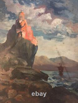 Very Beautiful Painting Hst Canvas Marouflé 1900 Seaside Rock Antique Painting