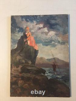 Very Beautiful Painting Hst Canvas Marouflé 1900 Seaside Rock Antique Painting