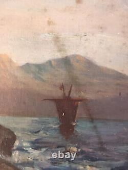 Very Beautiful Painting Hst Canvas Marouflé 1900 Seaside Rock Antique Painting