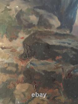 Very Beautiful Painting Hst Canvas Marouflé 1900 Seaside Rock Antique Painting